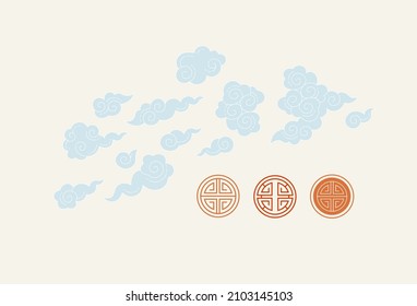 Vector doodle set with an illustration of Сhinese ornamental clouds, red hieroglyphs Protection. Doodles, Сhinese symbols, design elements. Сhinese traditional ornament. Isolated. Blue cloud