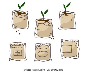 Vector doodle set Illustration of plant seedling in burlap sack for gardening, agriculture, and growth concept. Organic farming and natural product imagery.