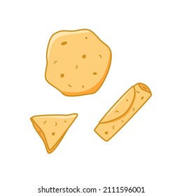 Vector doodle set illustration of thin pancakes. A whole pancake, a pancake rolled into a roll with stuffing and a folded triangle.