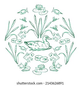 Vector doodle set of the inhabitants of the pond, swamp on a white background. Animals and plants: snails, reeds, water lilies, duck, frogs, dragonflies. Hand drawing.