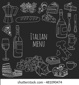Vector doodle set for italian menu. Food Travel Cuisine Restaraunt Journey