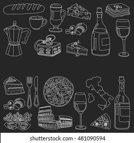 Vector doodle set for italian menu. Food Travel Cuisine Restaraunt Journey