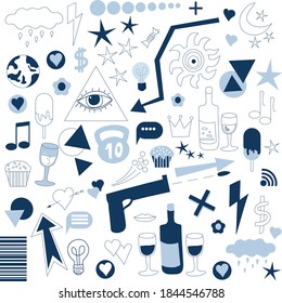 vector doodle set of items from our lives related to hobbies and favorite things.  Elements of symbols.  Hand drawn comic  scribbles for social networks.