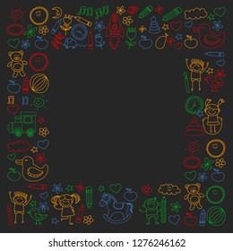 Vector doodle set with kindergarten children. Small kids play, learn, having fun together