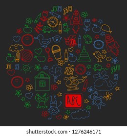 Vector doodle set with kindergarten children. Small kids play, learn, having fun together