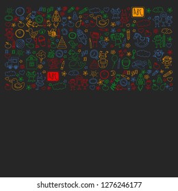 Vector doodle set with kindergarten children. Small kids play, learn, having fun together