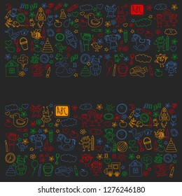 Vector doodle set with kindergarten children. Small kids play, learn, having fun together
