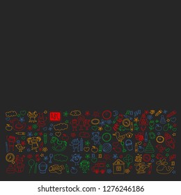 Vector doodle set with kindergarten children. Small kids play, learn, having fun together