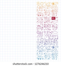 Vector doodle set with kindergarten children. Small kids play, learn, having fun together