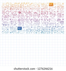 Vector doodle set with kindergarten children. Small kids play, learn, having fun together