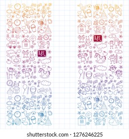 Vector doodle set with kindergarten children. Small kids play, learn, having fun together