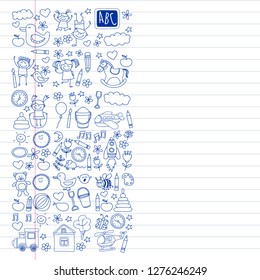 Vector doodle set with kindergarten children. Small kids play, learn, having fun together