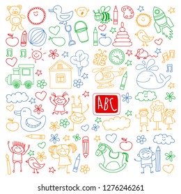 Vector doodle set with kindergarten children. Small kids play, learn, having fun together
