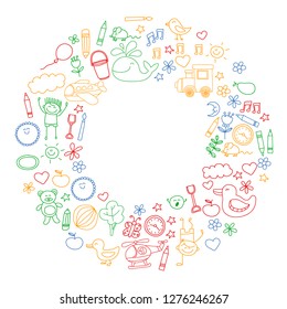 Vector doodle set with kindergarten children. Small kids play, learn, having fun together