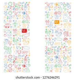 Vector doodle set with kindergarten children. Small kids play, learn, having fun together