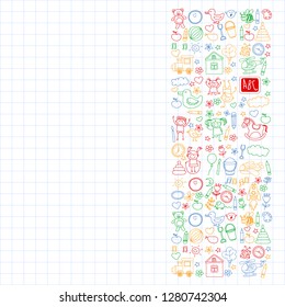 Vector doodle set with kindergarten children. Small kids play, learn, having fun together