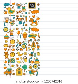 Vector doodle set with kindergarten children. Small kids play, learn, having fun together