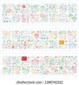 Vector doodle set with kindergarten children. Small kids play, learn, having fun together