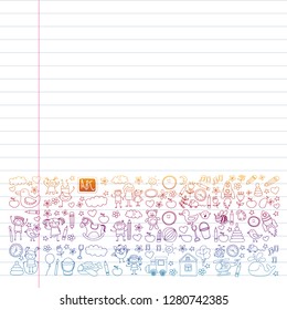 Vector doodle set with kindergarten children. Small kids play, learn, having fun together