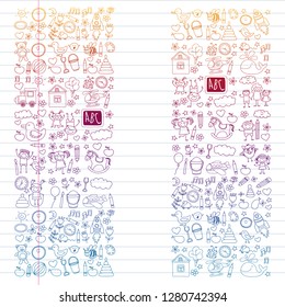 Vector doodle set with kindergarten children. Small kids play, learn, having fun together