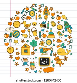 Vector doodle set with kindergarten children. Small kids play, learn, having fun together