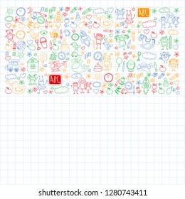 Vector doodle set with kindergarten children. Small kids play, learn, having fun together