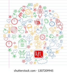 Vector doodle set with kindergarten children. Small kids play, learn, having fun together