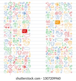 Vector doodle set with kindergarten children. Small kids play, learn, having fun together