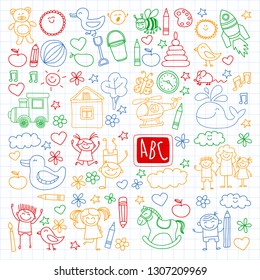 Vector doodle set with kindergarten children. Small kids play, learn, having fun together