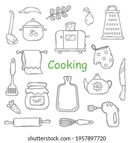 Vector Doodle Set with Kitchen Accessories in Sketch style. Hand Drawn Line Cooking Tools.Outline Culinary Utensils,Kitchenware,Equipment.Isolated on White Background.