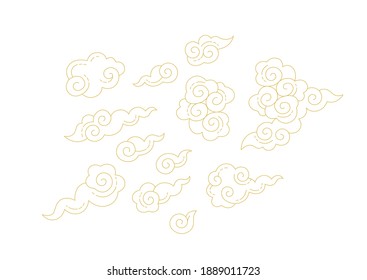 Vector doodle set with line art illustration of Сhinese ornamental clouds. Doodles, lineart symbols, design elements. Сhinese traditional ornament. Isolated. Gold colored, flat design style.