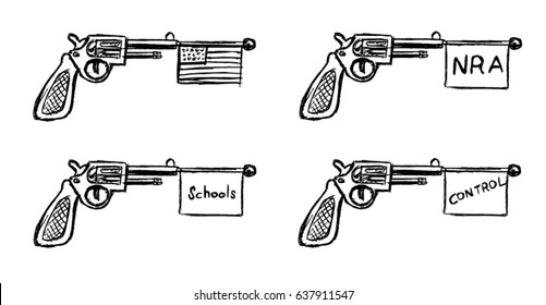 Vector doodle set, loose hand sketch of a joke gun with US political messages on the flag.