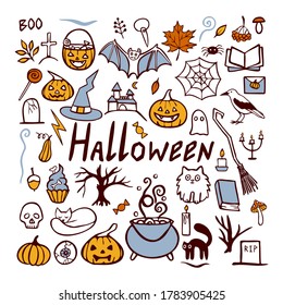 Vector doodle set with many elements. Halloween celebration.