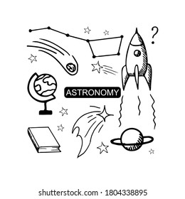 Vector doodle set with many elements. Astronomy