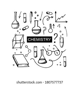 Vector doodle set with many elements. Chemistry