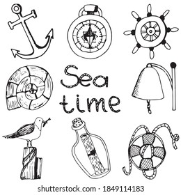 Vector doodle set with marine accessories and denizen of sea