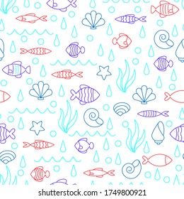 Vector doodle set of marine fish of different shapes, isolated on white background. Illustration for design on the theme of marine animals, sea, travel.