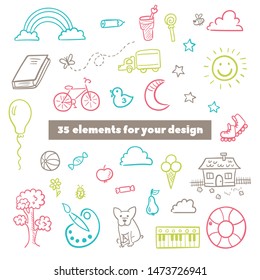 Vector doodle set of objects from a child’s life, sketch outline elements. Sweets, toys, bicycle, rollers, rainbow, sun and other elements  for you design 