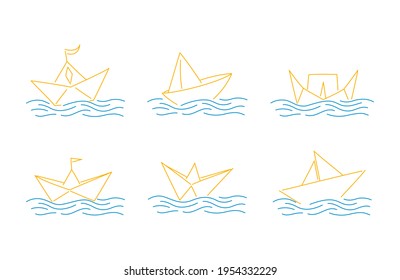 Vector doodle set with paper boats and waves.