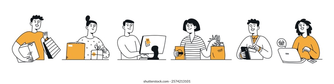 Vector Doodle Set of People Shopping Online with Delivery Concept. Different Characters, Diversity, People Using Mobile Phone, Laptop, PC for Online Shopping
