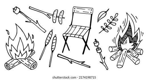 Vector doodle set for picnic. Hand drawn campfire, fried sausages and marshmallow on a stick.