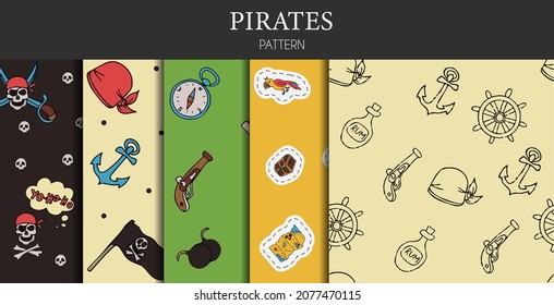Vector doodle set of pirate seamless patterns. A map with a hand-drawn sketch of a mermaid ship and pirate items. Template for children s postcards. Map of treasure island. Doodle style.