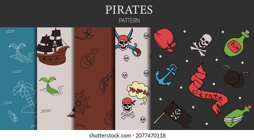Conjunto de doodles vectores de patrones piratas sin fisuras. Un mapa con un boceto hecho a mano de una sirena y objetos piratas. Plantilla para postales para niños. Mapa de la isla del tesoro. Estilo Doodle.
