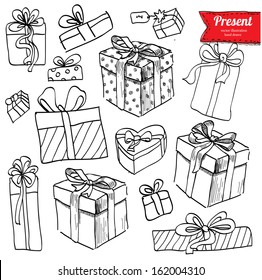 Vector doodle set, red ribbon, illustration with presents, gifts hand drawn on white background, 