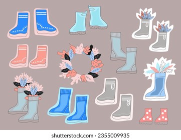vector doodle set rubber boots with flowers on light gray background.