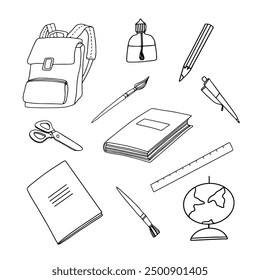 Vector doodle set of school supplies.  Isolated contour illustrations of a backpack, brushes, pencil, pen, textbook, book, diary, globe, notepad, scissors, glue, ruler, on a white background