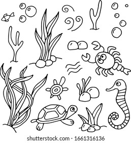 Vector doodle set of sea animals and corals and bubbles isolated on white background.