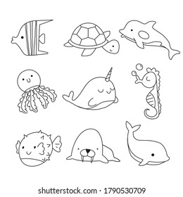 Vector doodle set of sea elements isolated on white background. Sea animals coloring page for kids. 