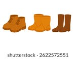 Vector doodle set of seasonal shoes including hiking boots, rubber and leather boots.