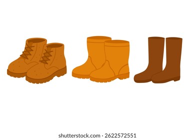 Vector doodle set of seasonal shoes including hiking boots, rubber and leather boots.